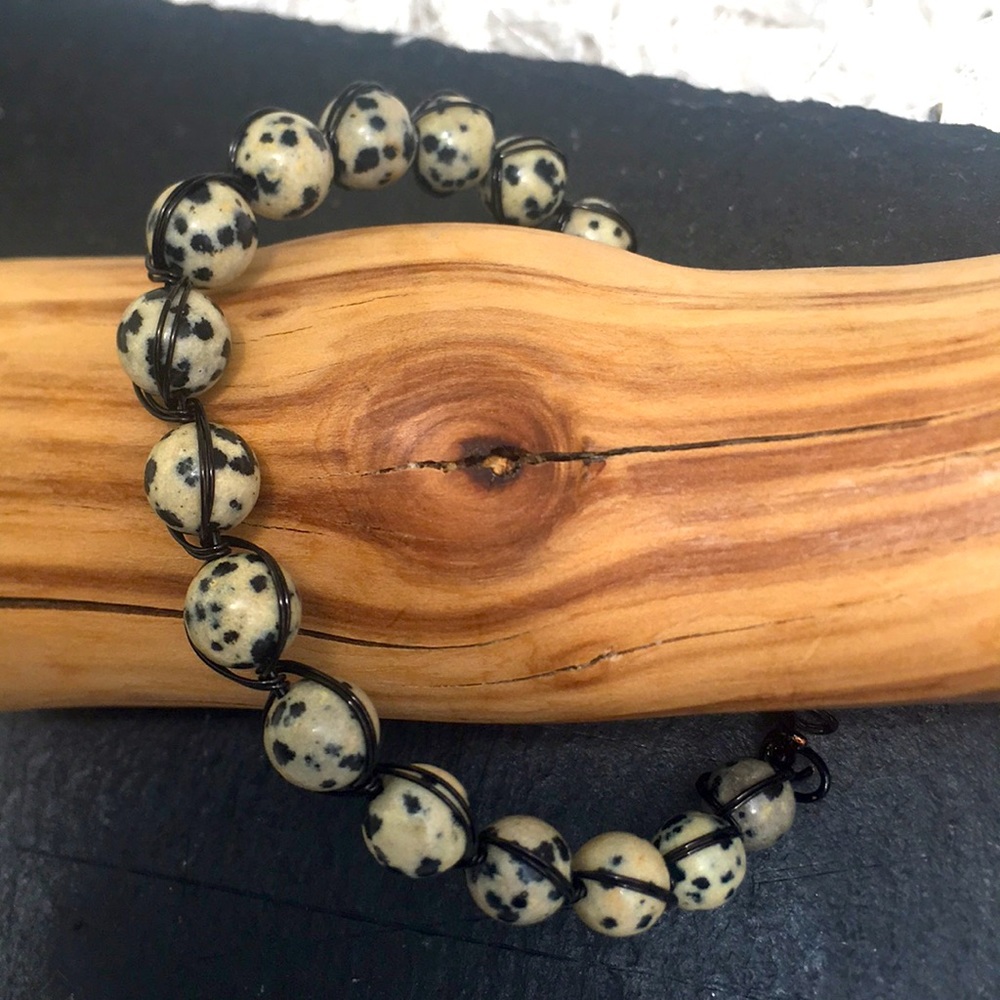 New Handcrafted Dalmatian Jasper Gemstone Bead Wire Wrapped Bracelet